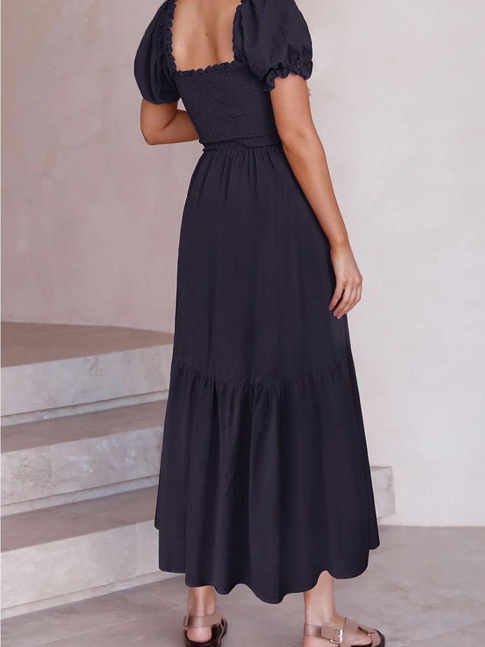 Smocked Bodice Navy Maxi Dress with Puff Sleeves - Picture 2 of 2